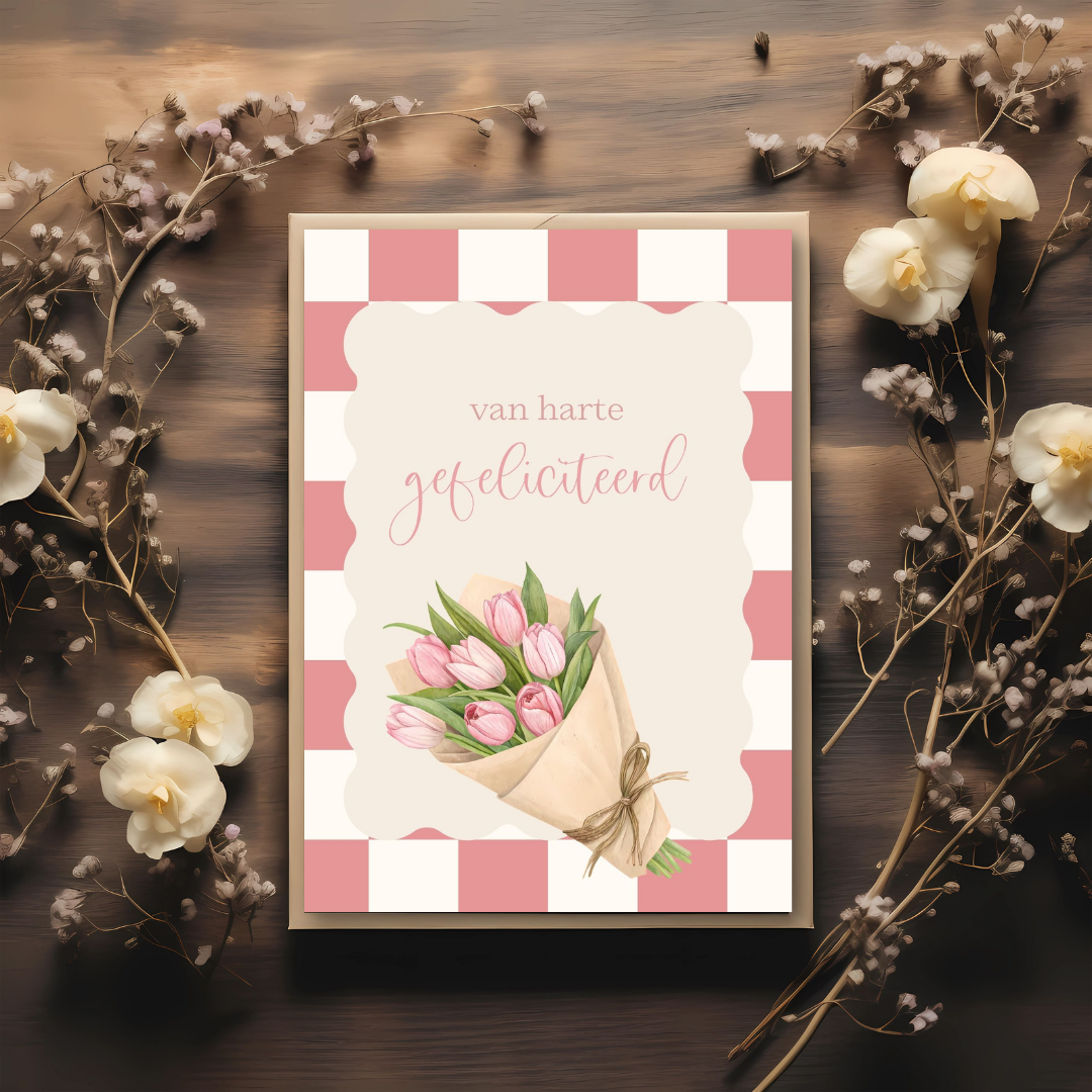 Kaart + kraft envelop || Gefeliciteerd - tulpen, roze
