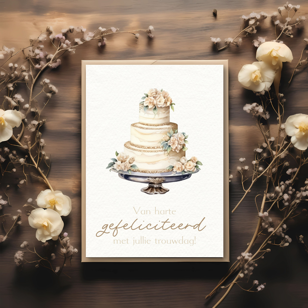 Kaart + kraft envelop || Gefeliciteerd - trouwdag, taart