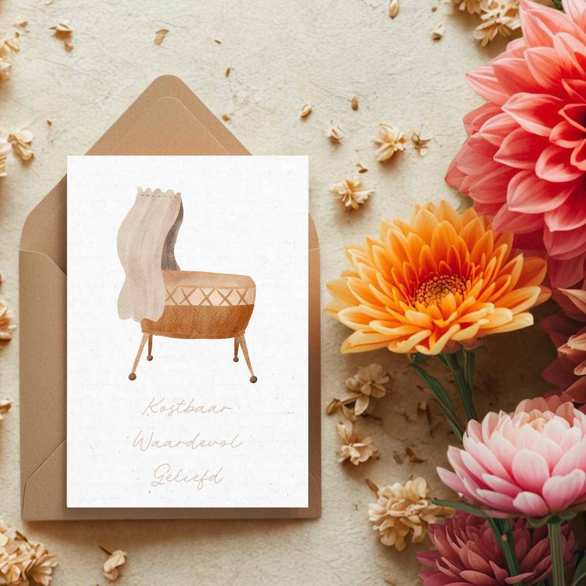 Kaart + kraft envelop || Kostbaar, waardevol en geliefd (wiegje)