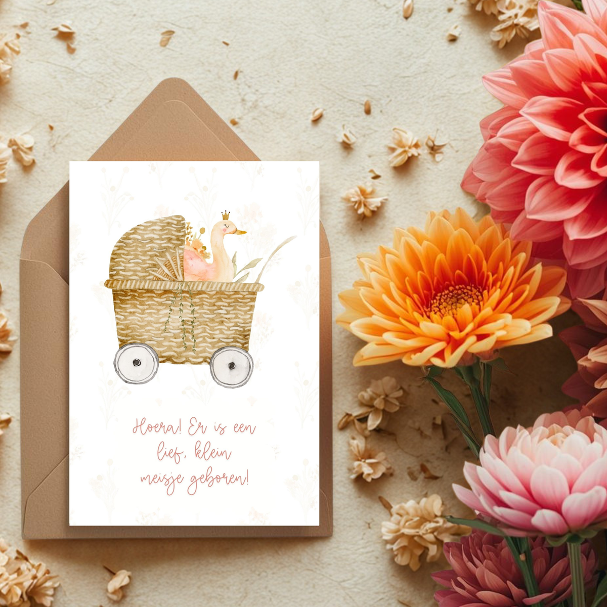 Kaart + kraft envelop || Hoera, lief klein meisje geboren (wagen)