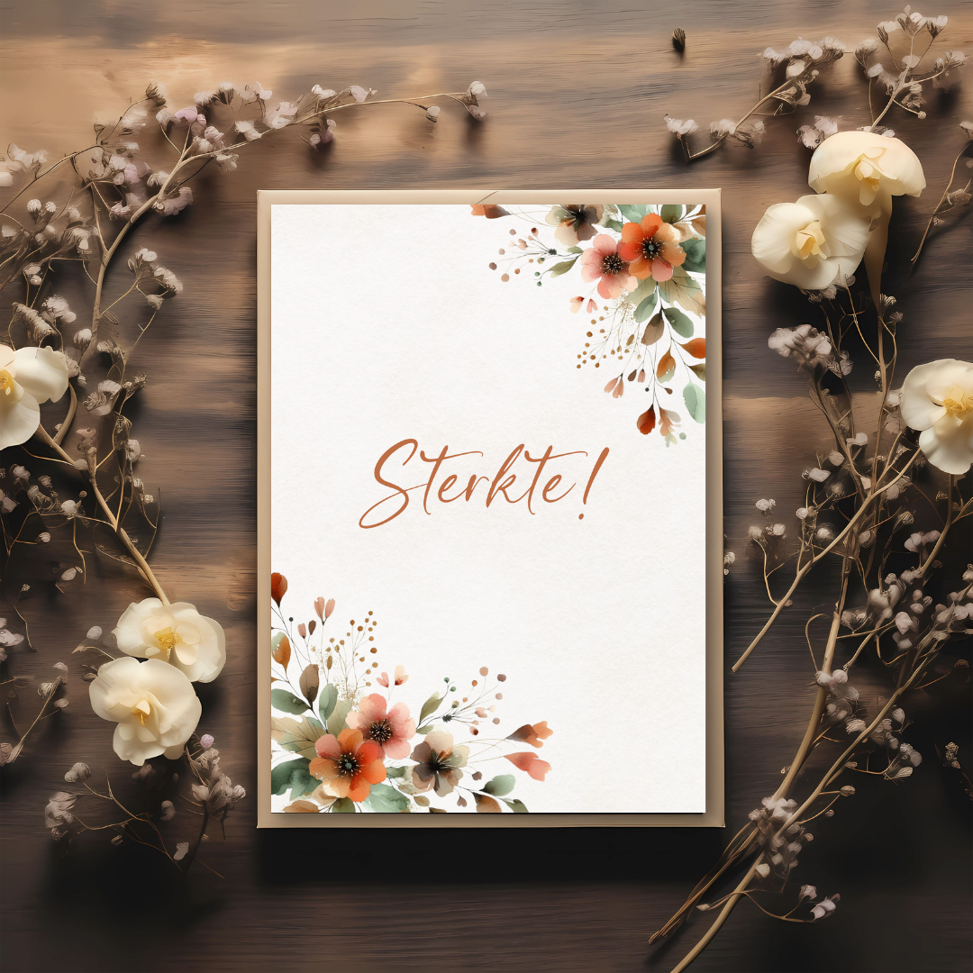Kaart + kraft envelop || Sterkte (oranje/groene bloemen)