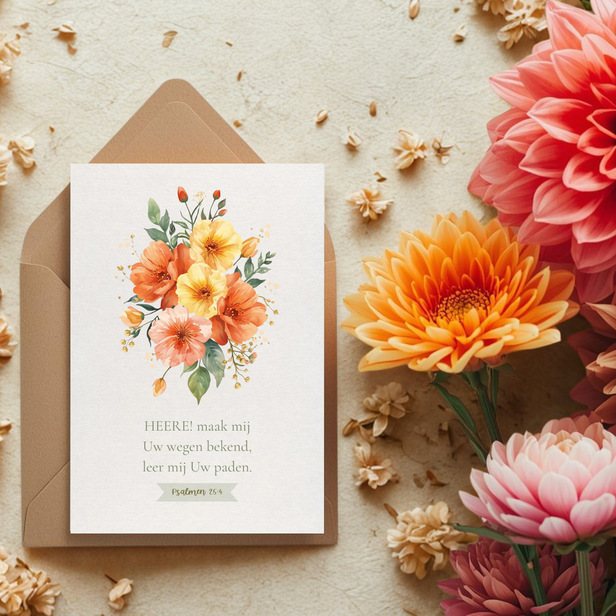 Kaart + kraft envelop || Psalm 25 - maak mij Uw wegen bekend (bloemen)