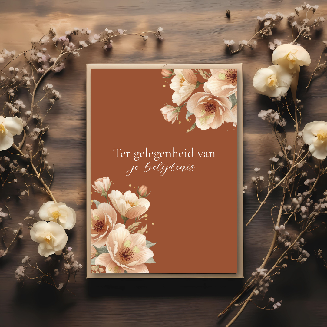 Kaart + kraft envelop || Belijdenis || cognac/bloemen