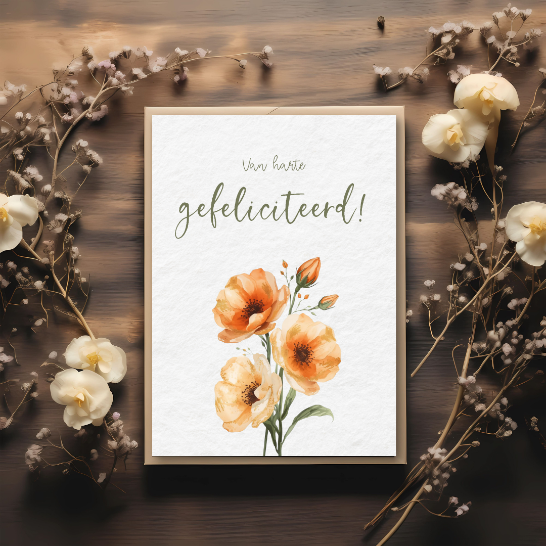 Kaart + kraft envelop || Gefeliciteerd - oranje bloemen