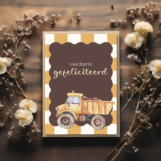 Kaart + kraft envelop || Gefeliciteerd - kiepwagen