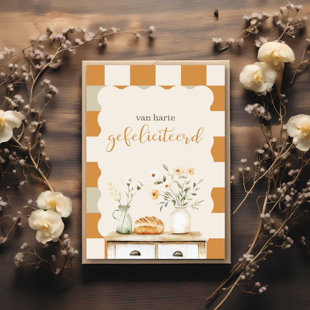 Kaart + kraft envelop || Gefeliciteerd - geel, bloemetjes