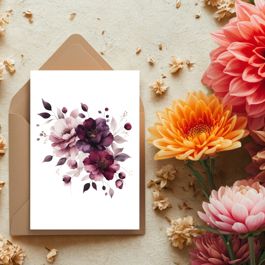 Kaart + kraft envelop || Paarse bloemen