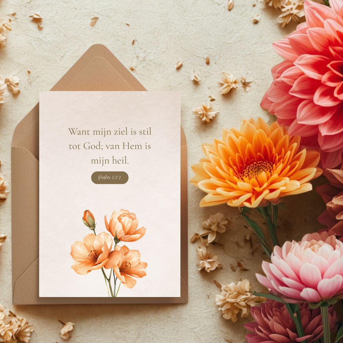 Kaart + kraft envelop || Psalm 62:2 - mijn ziel is stil tot God