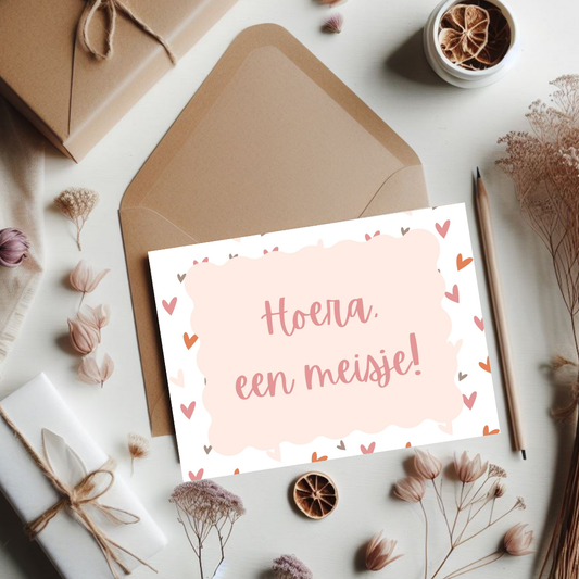 Kaart + kraft envelop || Hoera, een meisje (roze)