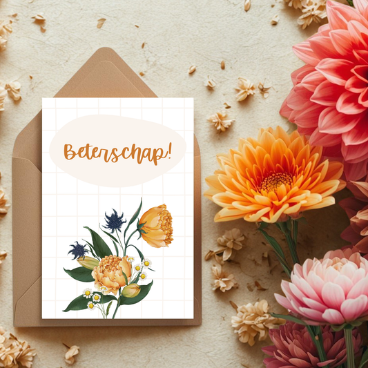 Kaart + kraft envelop || Beterschap, oranje bloem
