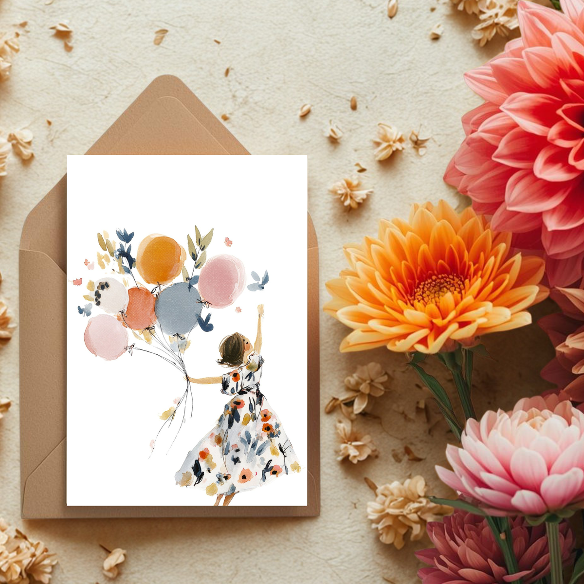 Kaart + kraft envelop || Vrouw met ballonnen