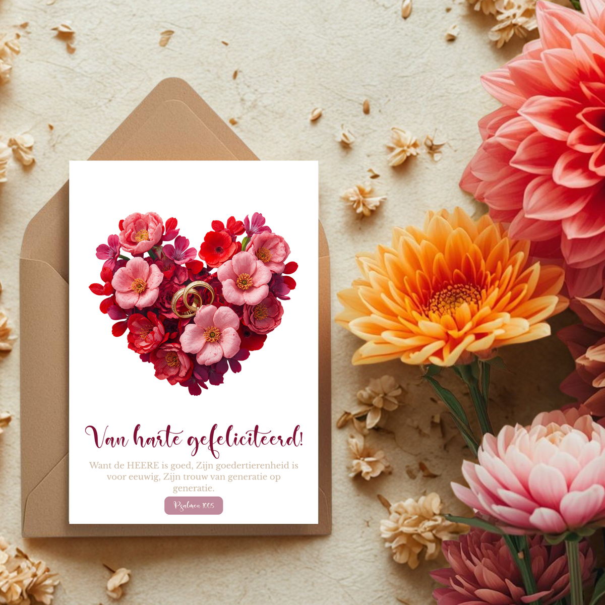 Kaart + kraft envelop || Van harte gefeliciteerd, ringen, Psalm 100:5