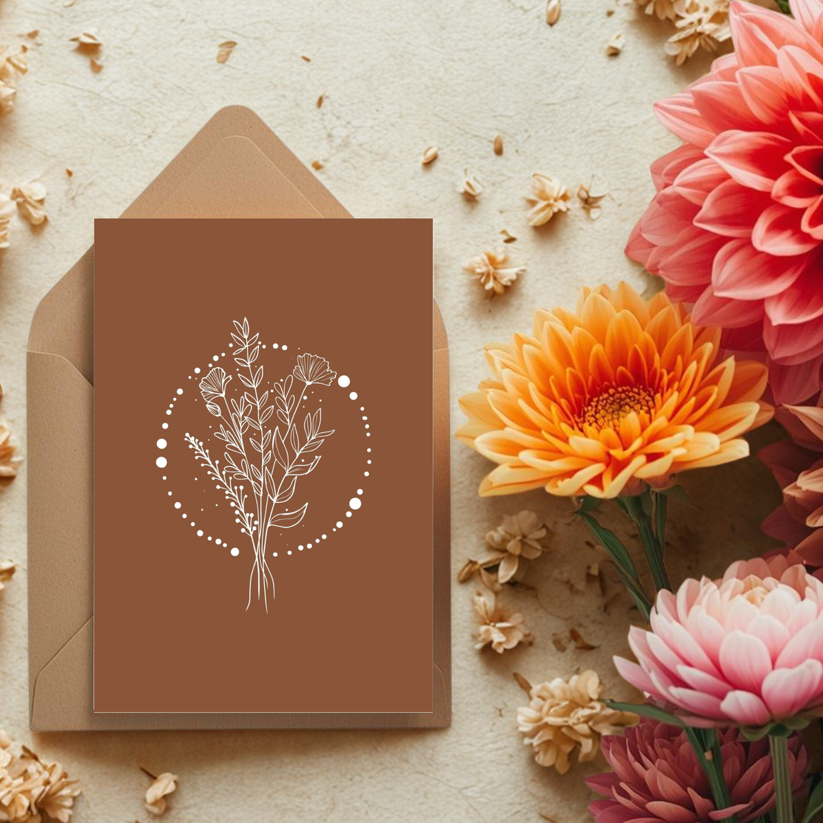 Kaart + kraft envelop || Bloem, bruin