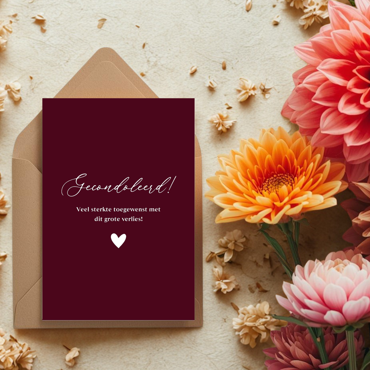 Kaart + kraft envelop || Gecondoleerd - bordeaux (wit lijntje)