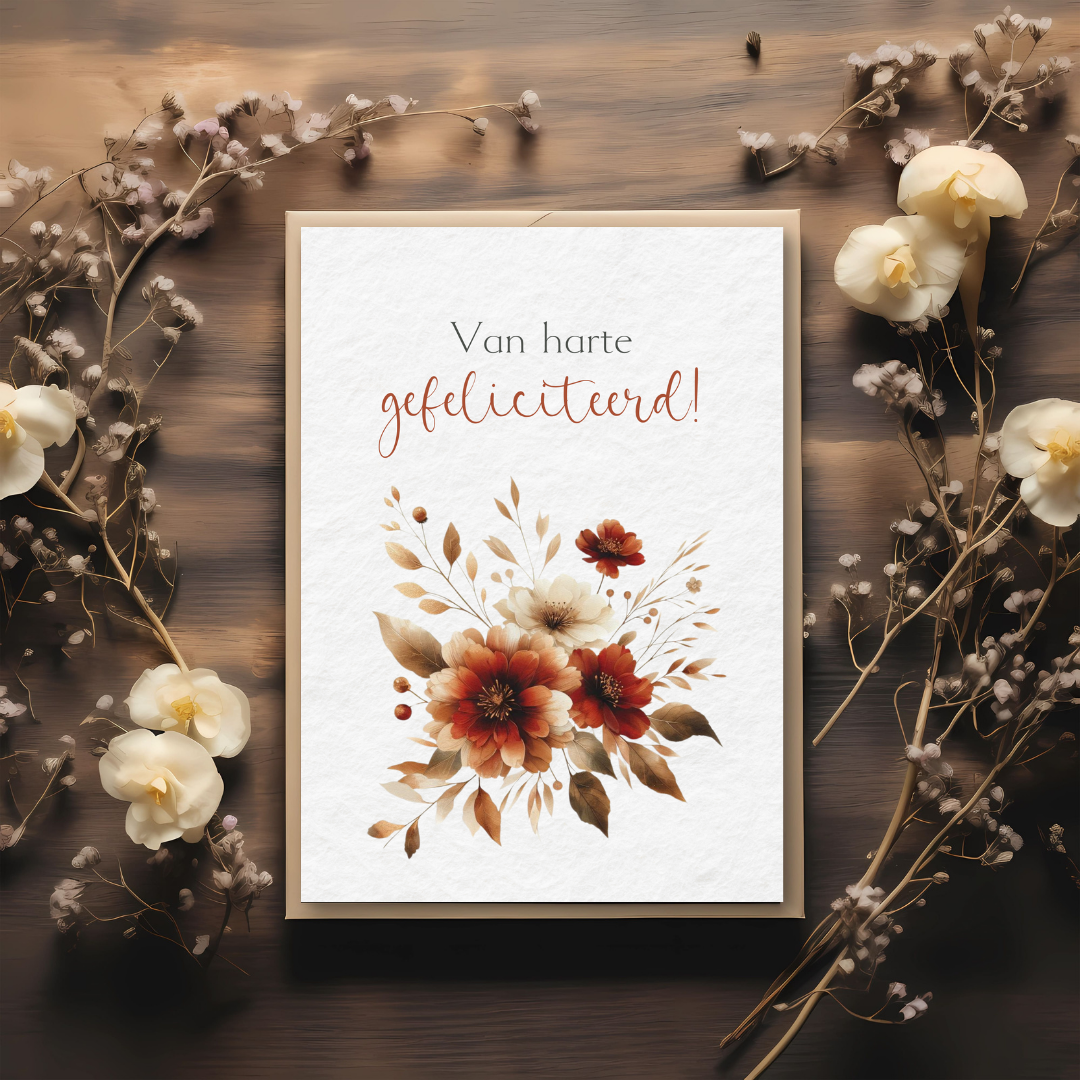 Kaart + kraft envelop || Gefeliciteerd - bordeaux bloemen