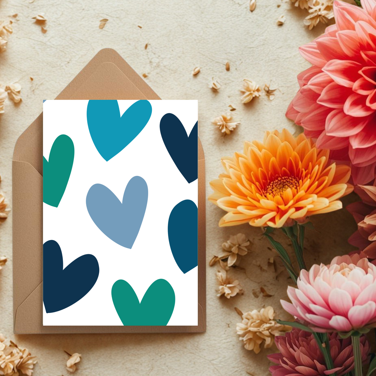 Kaart + kraft envelop || Blauwe hartjeskaart