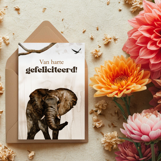Kaart + kraft envelop || Gefeliciteerd, olifant