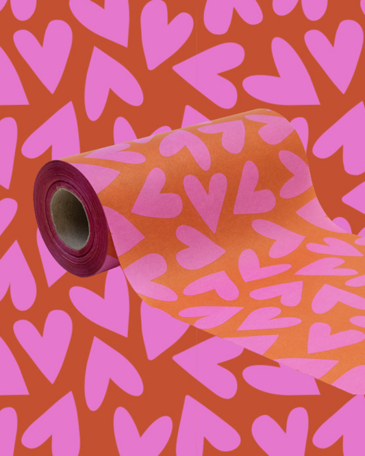 Inpakpapier (vloei) Big Hearts roze/oranje | 20 × 300 cm