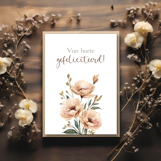 Kaart + kraft envelop || Gefeliciteerd - beige bloemen